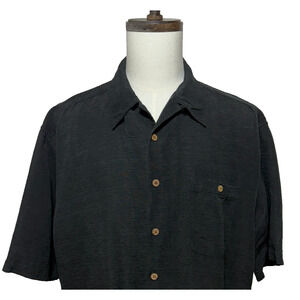 Baracuta Shirt Mens XLT Black Silk Linen Loop Collar Short Sleeve Pocket Beachy